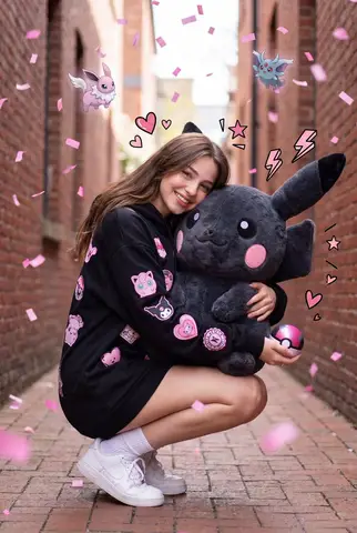 Пример промпта для портрета женщины с розовой игрушкой Pikachu в кирпичном переулке.