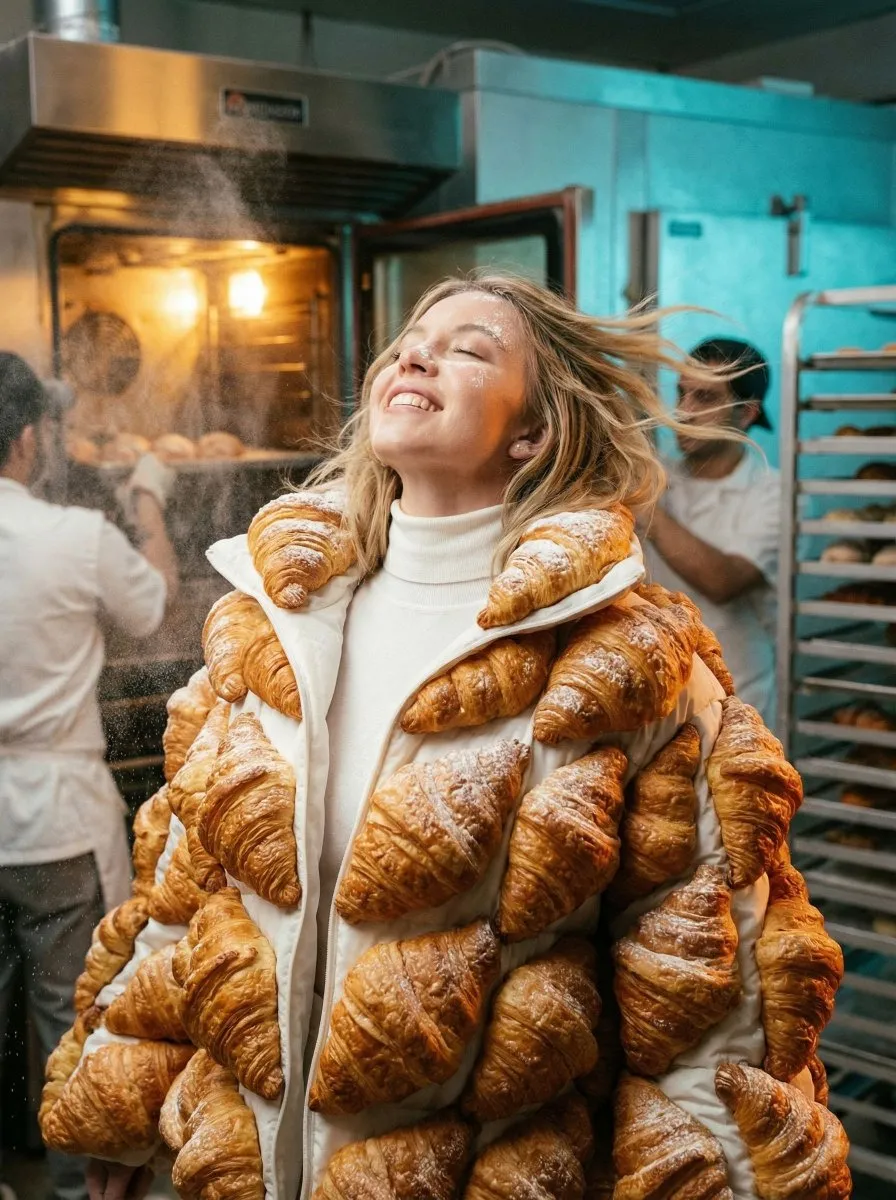 Сюрреалистичная модель в огромном пальто из круассанов в кондитерской. · пример 2