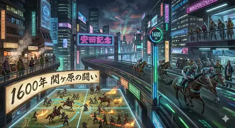 Пример к промпту: киберпанковая сцена объединяет скачки Yasuda Kinen, дистанцию 1600 метров и битву при Сэкигахаре.