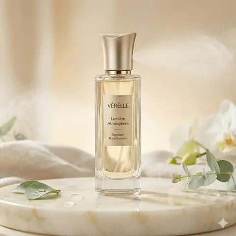 Флакон VÉRÉLLE Lumière Atmosphère на мраморном постаменте в облаке ароматной дымки.
