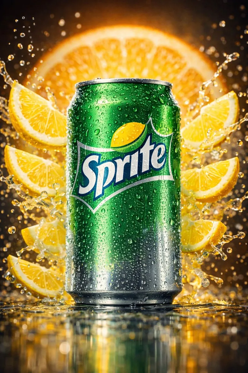 Пример промпта для макрорекламы банки Sprite с цитрусовыми брызгами. · пример 4