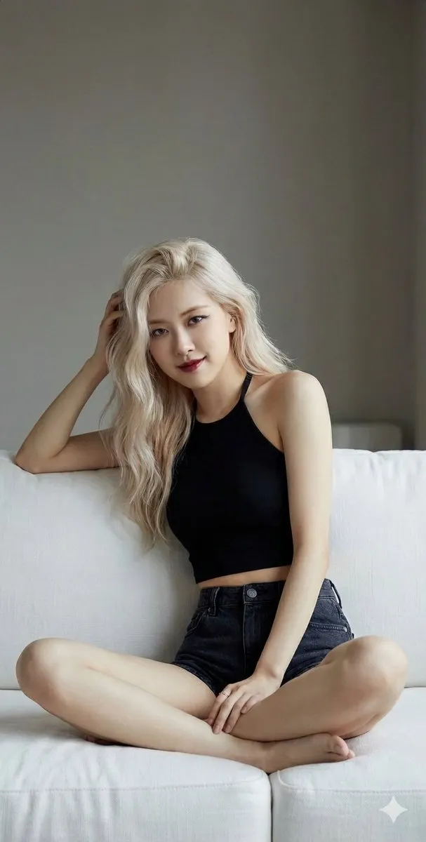 Пример редакционного портрета Розэ из BLACKPINK в полностью чёрном образе и с мягким рассеянным светом. · пример 2