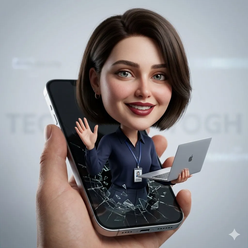 Большеголовая 3D-карикатура человека шагает из экрана смартфона; одной рукой он держит ноутбук, другой машет. · пример 2