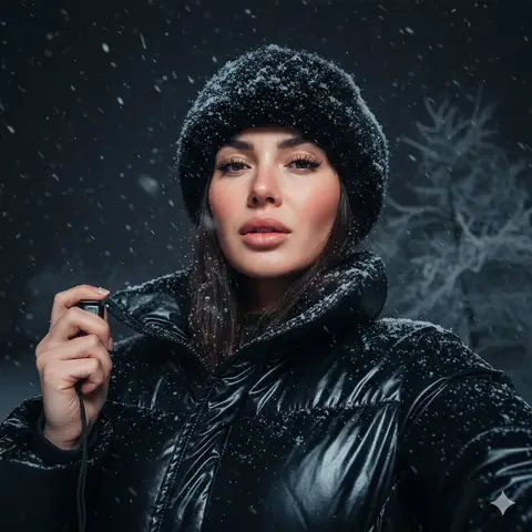 Женщина делает селфи в снегопад в меховой шапке и блестящей куртке.