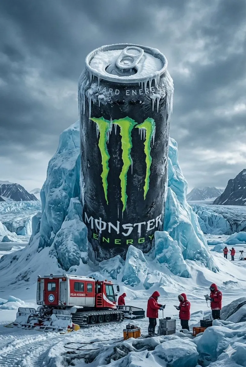 Пример JSON-промта с гигантской банкой Monster Energy на арктическом снегу. · пример 2