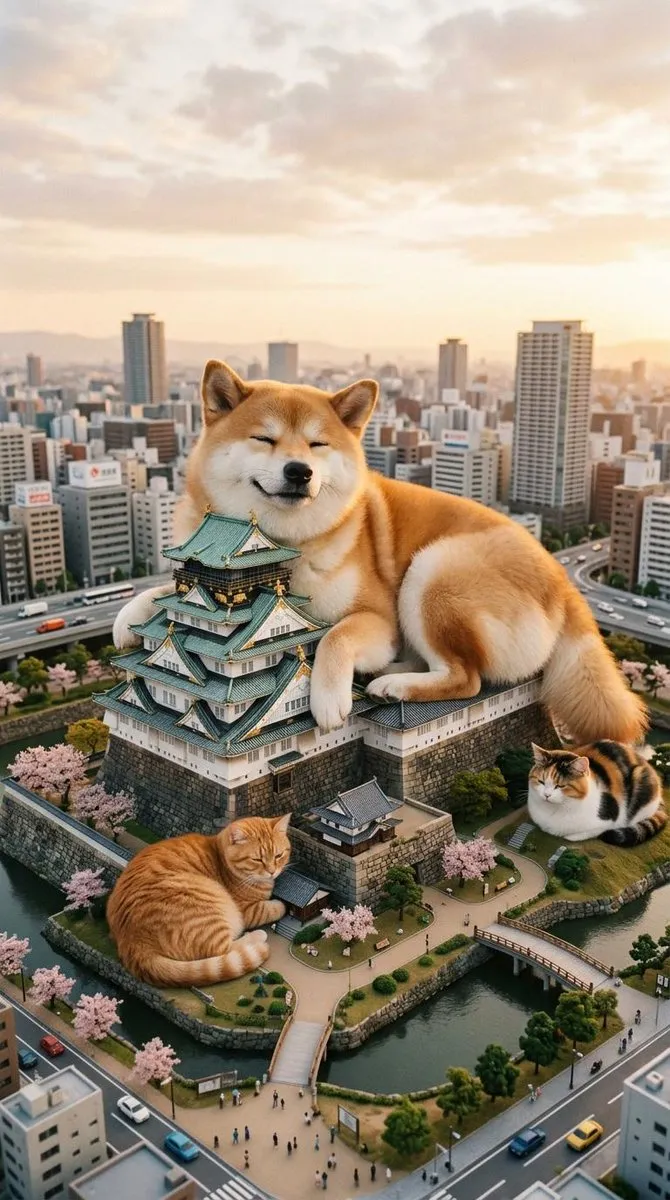 Промпт для сцены с гигантским котом, сидящим на Tokyo Tower над городом. · пример 2