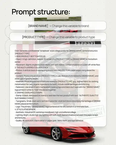 Промпт для коллажа с продуктом, фотографиями, образцами фактур и скотчем.