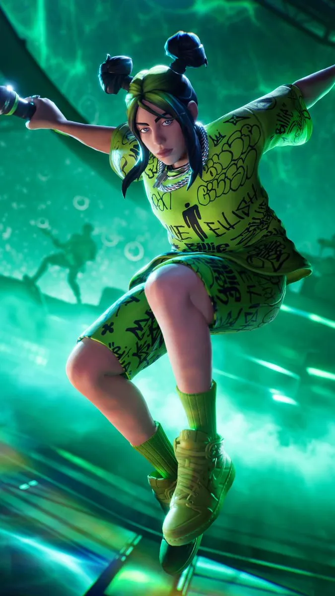 Промпт описывает стилизованный 3D-образ Billie Eilish в зелёной одежде на футуристической сцене.