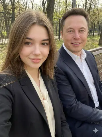 Промпт для селфи молодой женщины и Илона Маска на парковой скамье