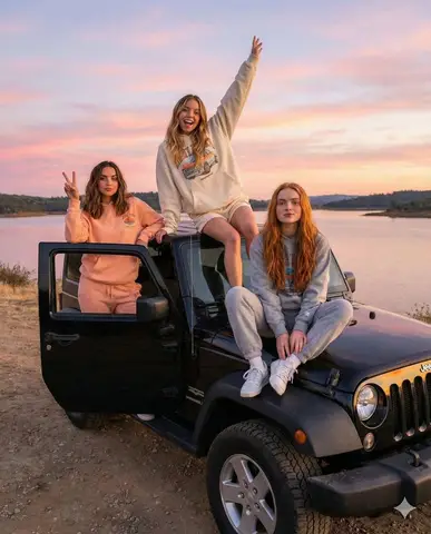 Три женщины позируют на чёрном Jeep Wrangler во время закатной поездки.