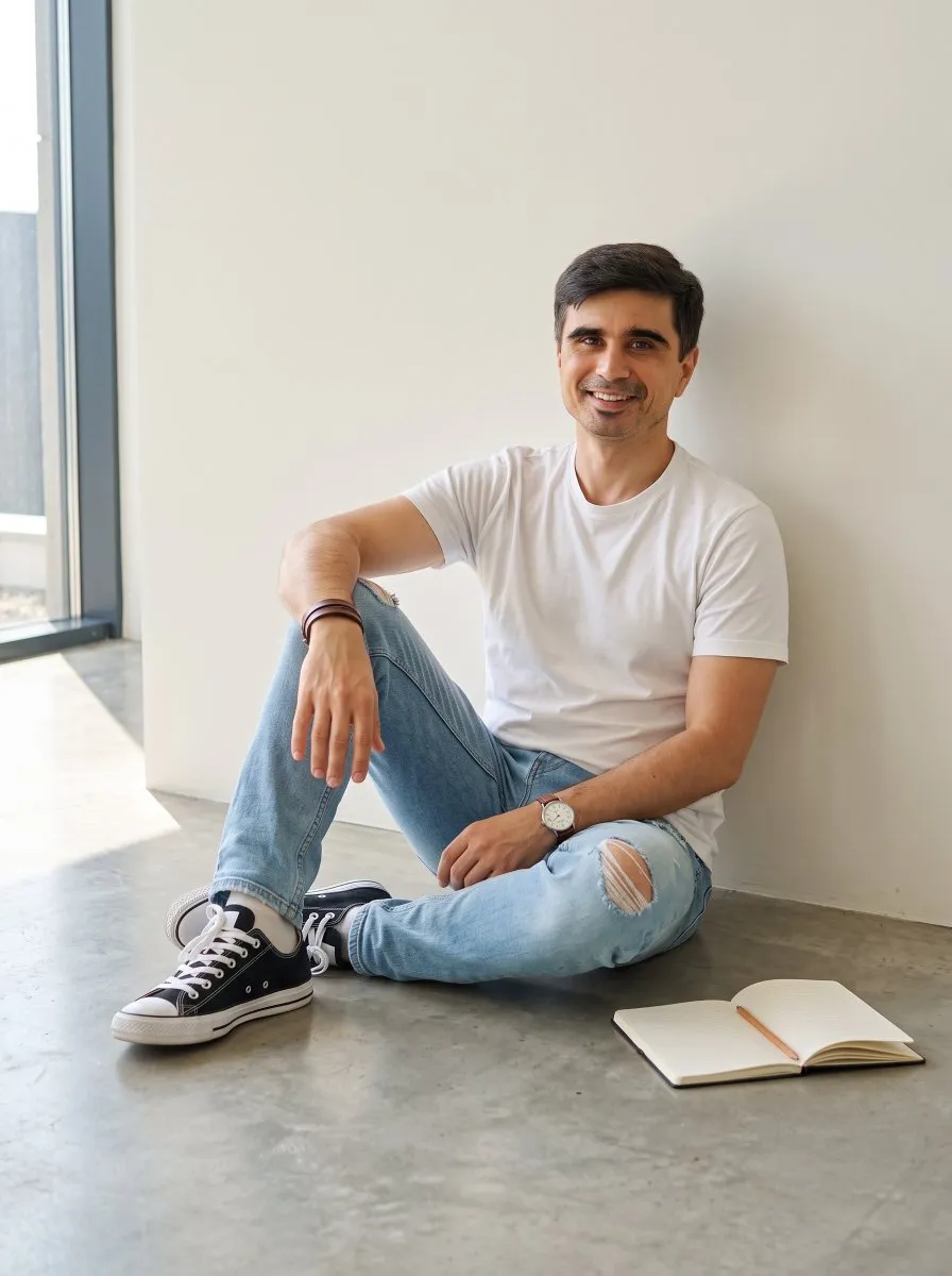 Человек в белой футболке, светлых джинсах и кедах Converse сидит у светлой стены. · пример 2