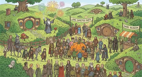 Плотная поисковая иллюстрация: персонажи Lord of the Rings собраны в сцене в Шире.