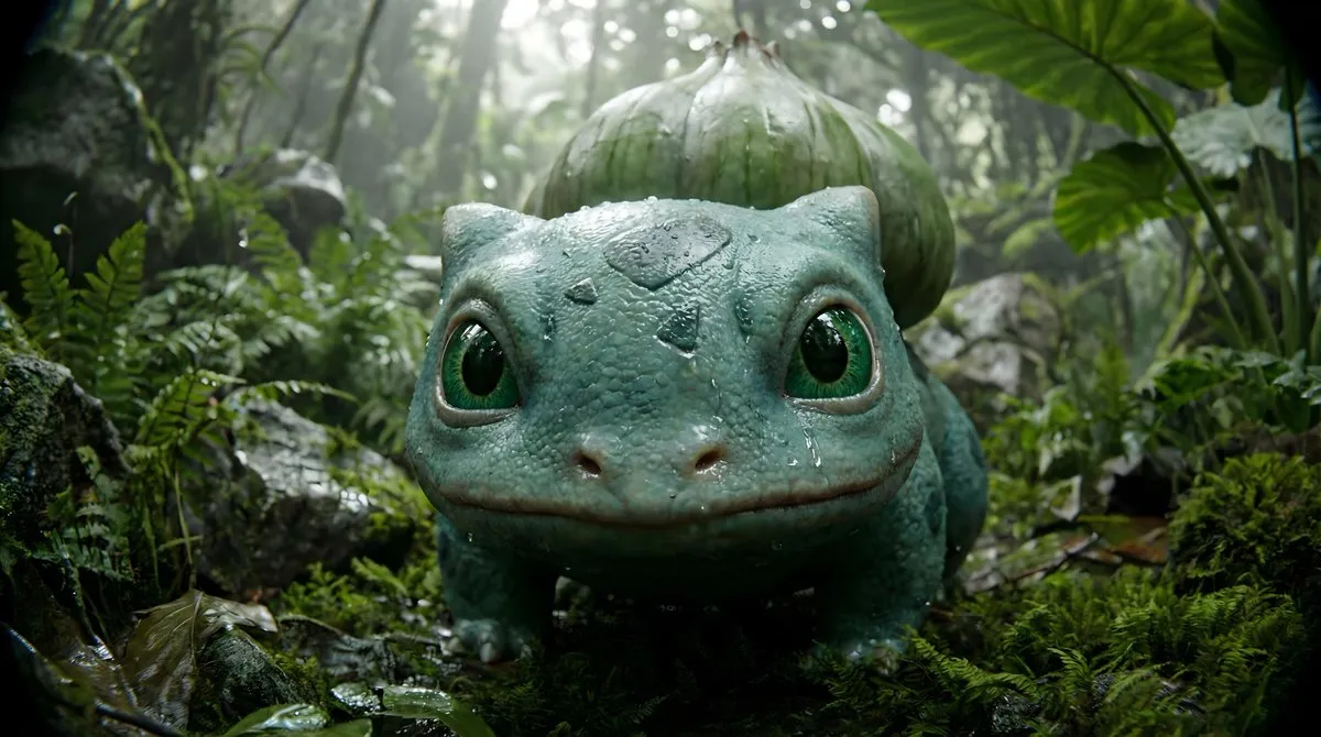 Сцена дикой природы мира Pokémon, снятая от первого лица с эффектом объектива «рыбий глаз». · пример 4