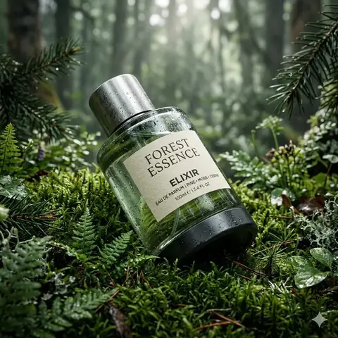 Парфюмерный флакон Forest Essence Elixir на зелёном мху среди лесной листвы и хвойных ветвей.