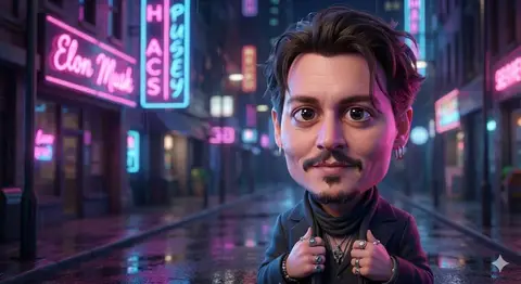 Описание промпта для стилизованной 3D-карикатуры знаменитости на ночной улице с неоновым освещением.