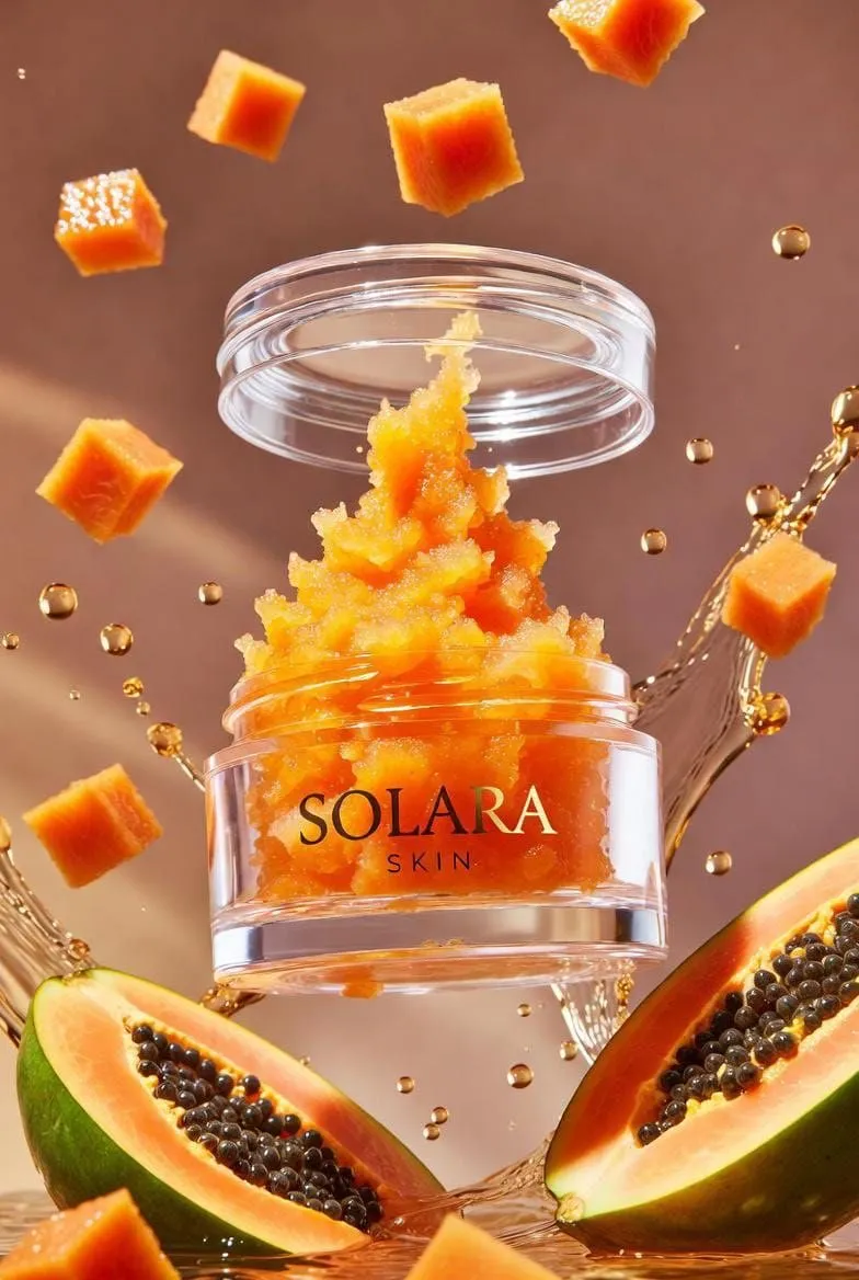 Прозрачная банка SOLARA SKIN парит над оранжевым скрабом, кусочками папайи и золотистыми каплями. · пример 4