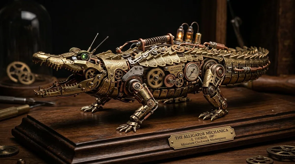 Сложная миниатюрная часовая машина из латуни и меди стоит на тёмном деревянном основании. · пример 2