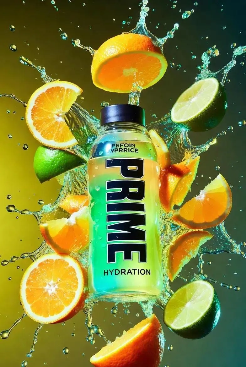 Пример промпта для рекламной фотографии бутылки Prime Hydration среди цитрусов. · пример 3