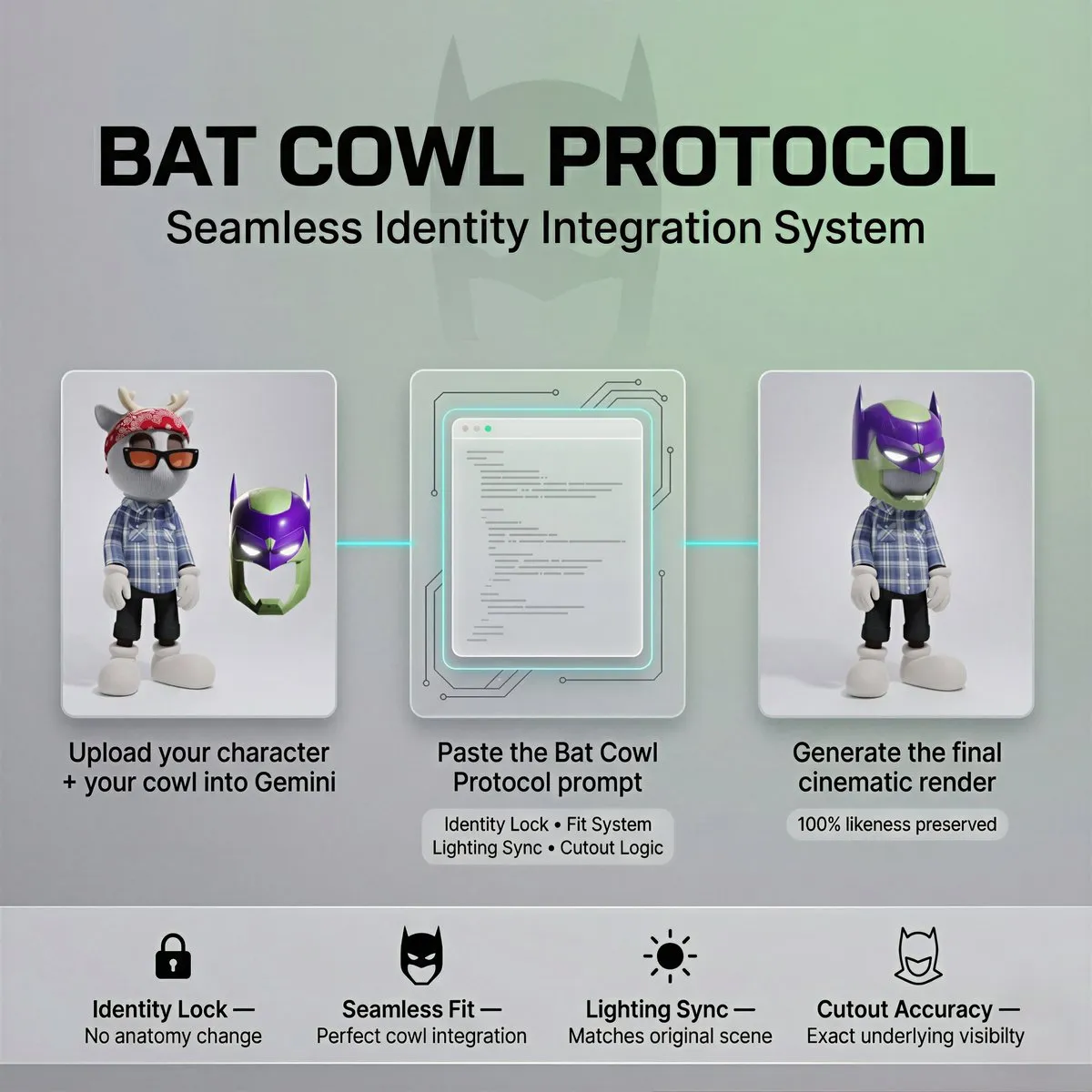 Промпт для добавления маски Bat Cowl к дизайнерской игрушке с сохранением исходного образа.