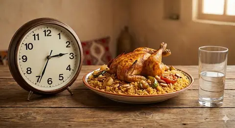 Текстовый промпт для натюрморта с часами и тарелкой кабсы.