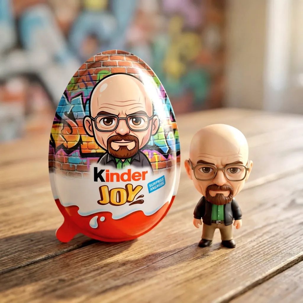 Яйцо Kinder Joy и фигурка персонажа рядом на деревянном столе. · пример 2