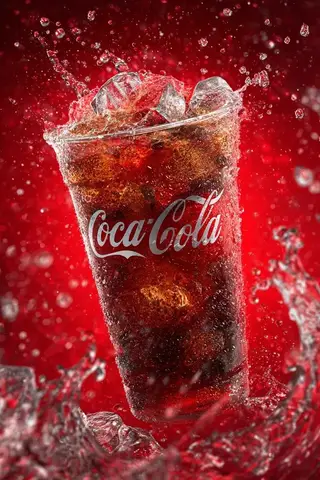 Промпт для рекламы Coca-Cola с кубиками льда и водяными брызгами.