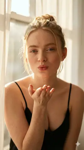 Sadie Sink в чёрном топе посылает воздушный поцелуй в тёплом солнечном свете.