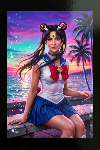 Промпт для реалистичного портрета в косплее Sailor Moon на фоне заката.