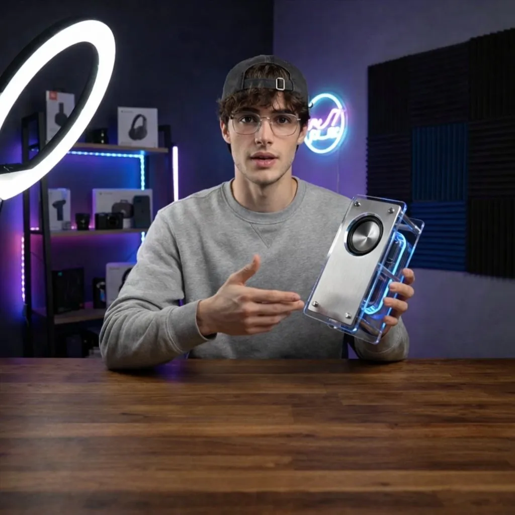 Молодой техноблогер показывает Bluetooth-колонку на столе в затемнённой студии.