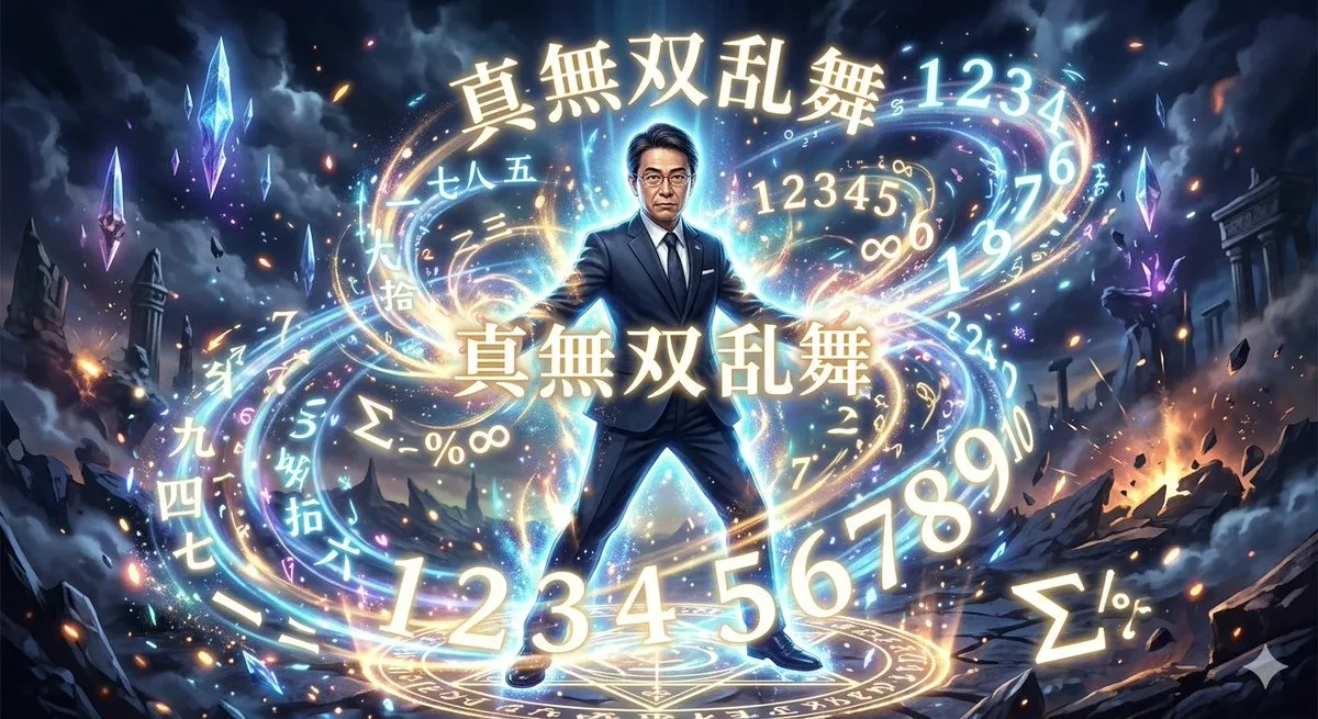 Ёити Такахаси стоит по центру кадра и исполняет Shin Musou Ranbu в фантастическом стиле.