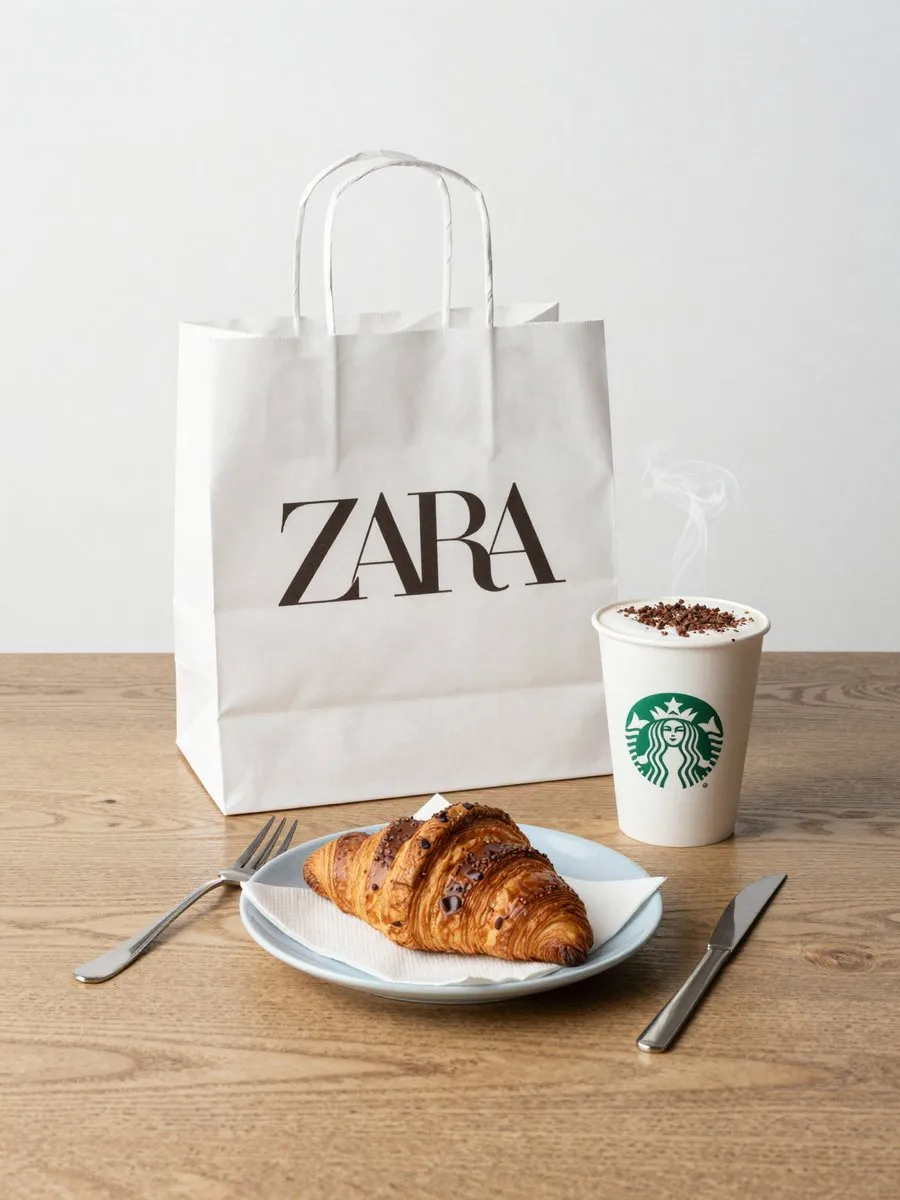 Студийный натюрморт с кофе Starbucks, круассаном и пакетом ZARA на дубовом столе. · пример 2