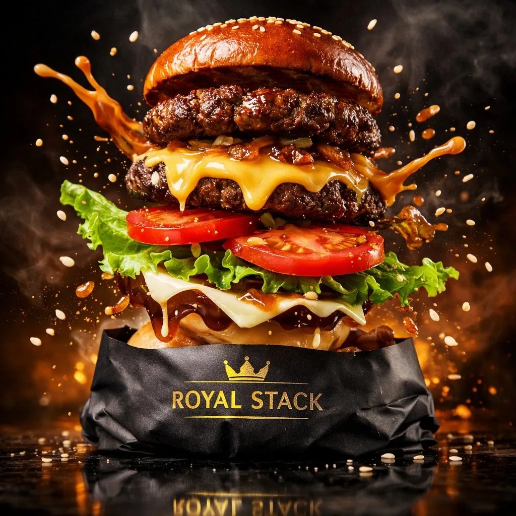 Бургер ROYAL STACK и его ингредиенты застыли в воздухе над тёмной отражающей поверхностью. · пример 2