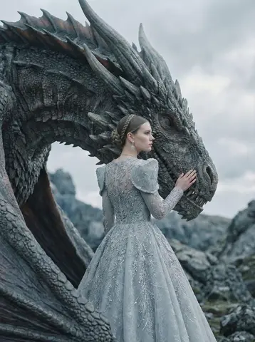 Пример промпта для кутюрного портрета рядом с драконом.
