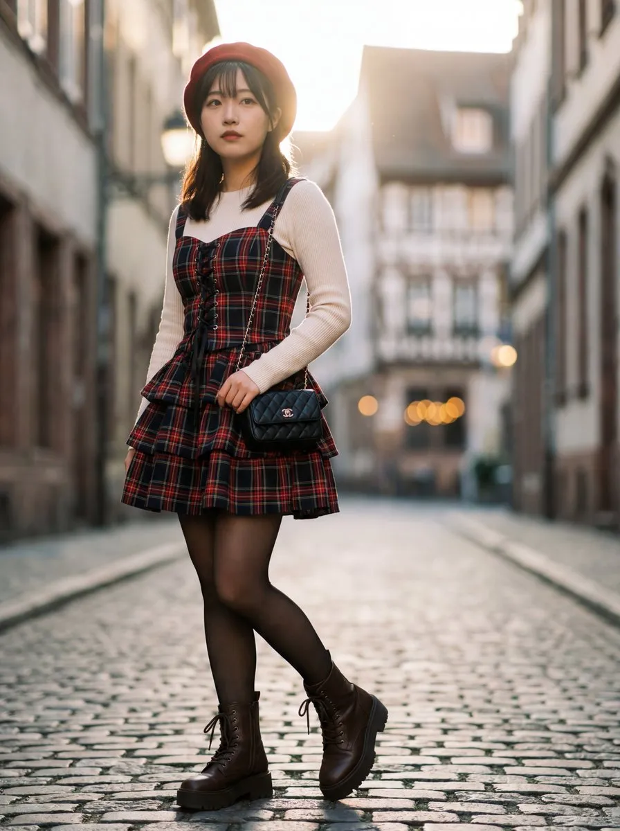 Пример модного портрета корейской девушки-подростка в многослойном наряде Gothic Lolita.