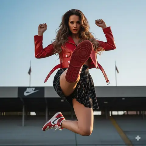 Пример промпта для динамичного портрета в красной куртке и кроссовках Nike Air Jordan 1.