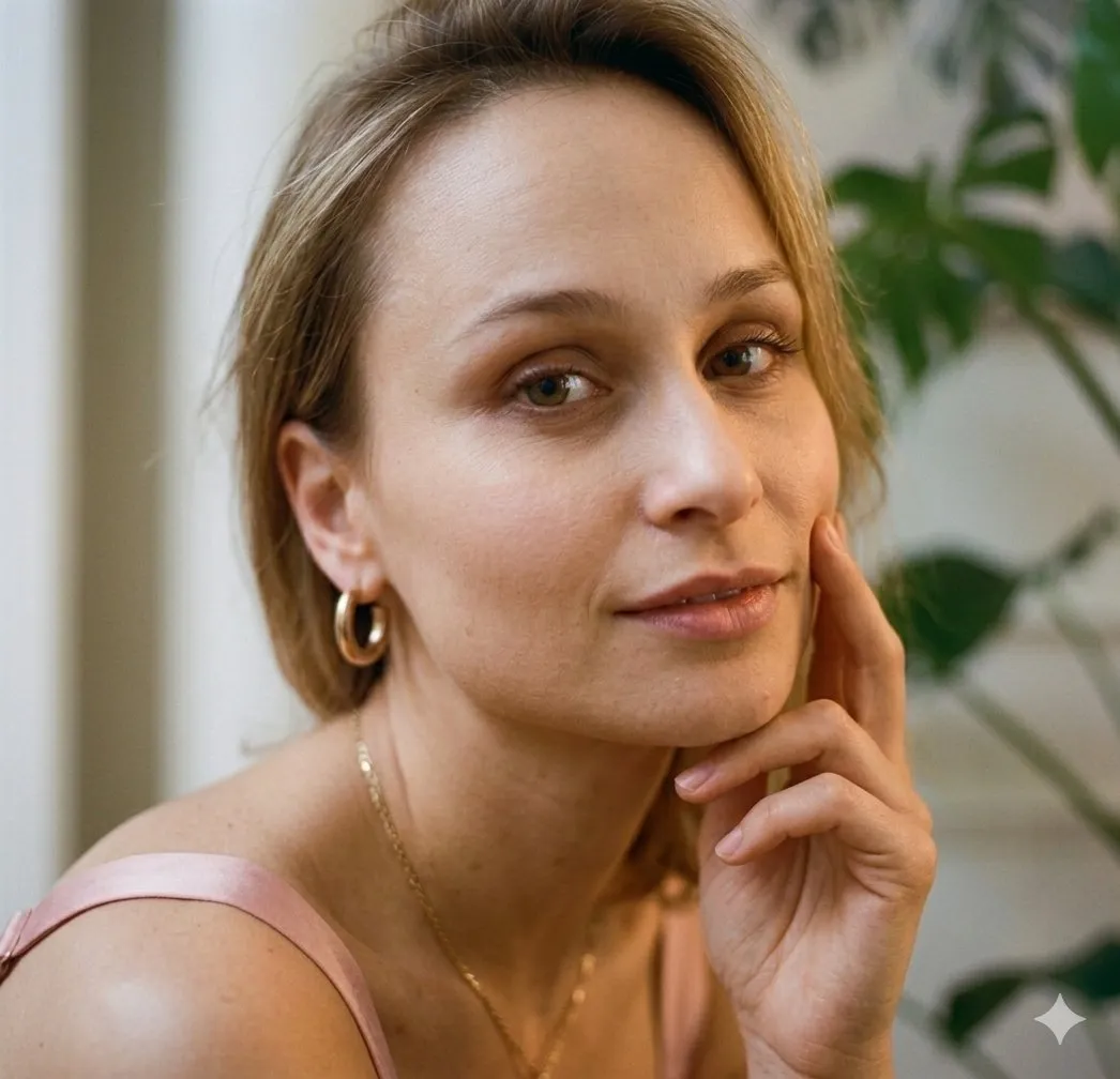 Светловолосая женщина позирует среди комнатных растений сначала в розовом топе, затем в шёлковом платье. · пример 2