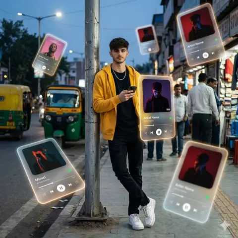 Пример уличного портрета с парящими 3D-карточками музыкального интерфейса.