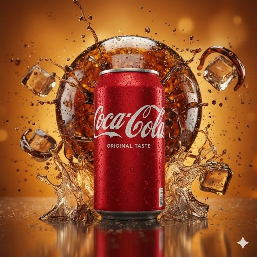 Банка Coca-Cola со всплеском колы и мужчина с напитком в фирменном лобби · пример 2