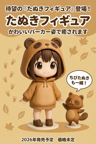 Промпт для японского рекламного изображения фигурки Tanu Figure с подарочным енотом.