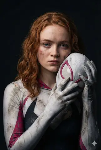 Сэди Синк в костюме Ghost-Spider держит белую маску у щеки на тёмном фоне.