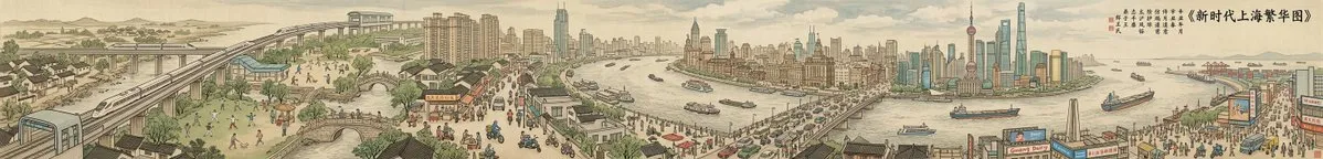Промпт для панорамной жанровой картины современного города в стиле свитка «Along the River During the Qingming Festival». · пример 1