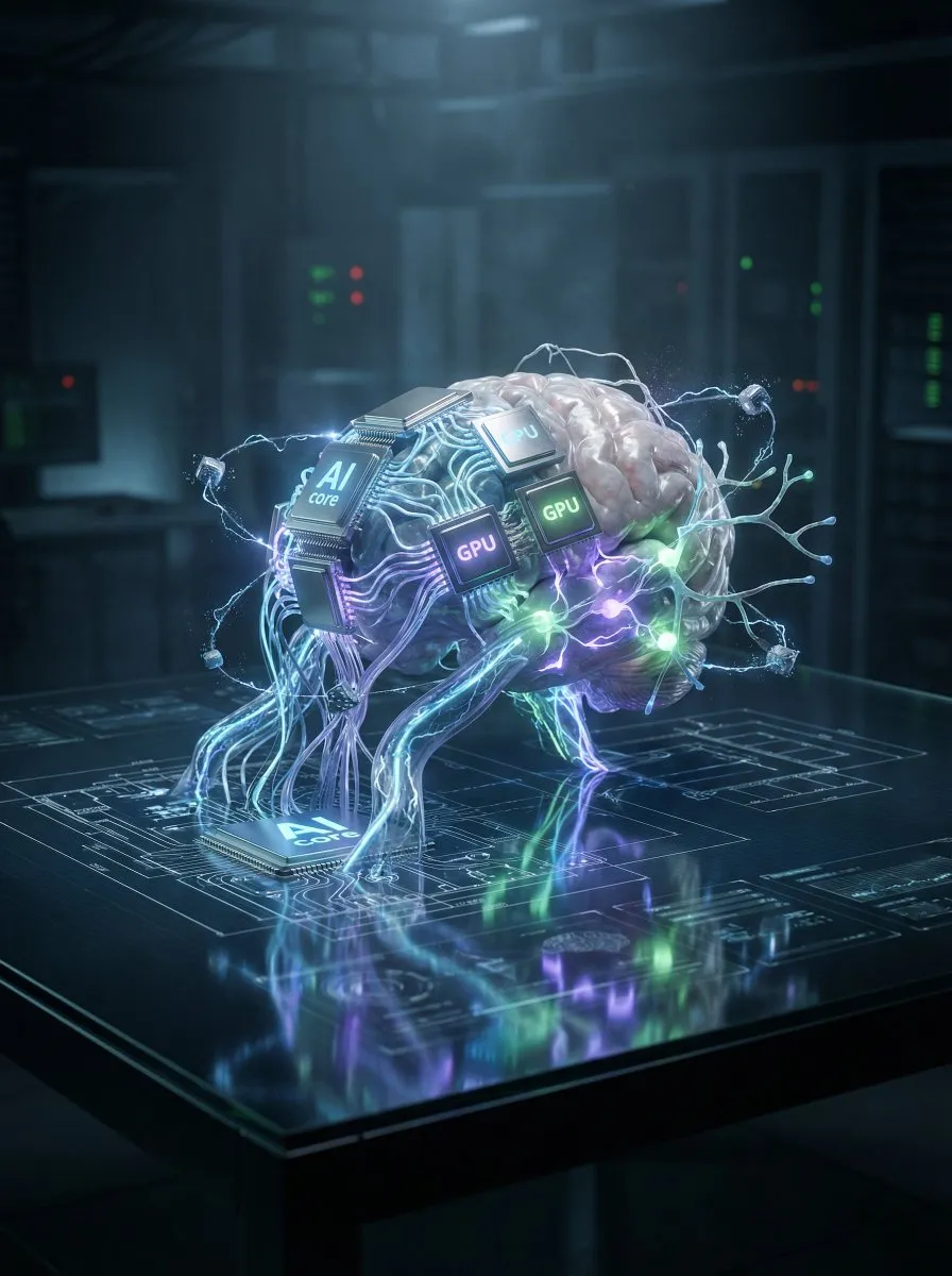 Техническая схема показывает миниатюрный кластер GPU, собирающийся из чертежа на латунном столе. · пример 4