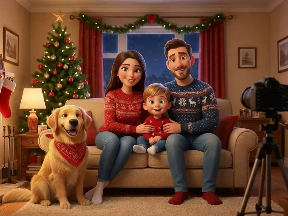 Промпт просит преобразовать семейную фотографию в стиле Pixar.