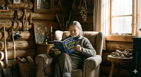 Пример женщины в кресле гостиной с открытой книгой и заметным неожиданным заголовком.