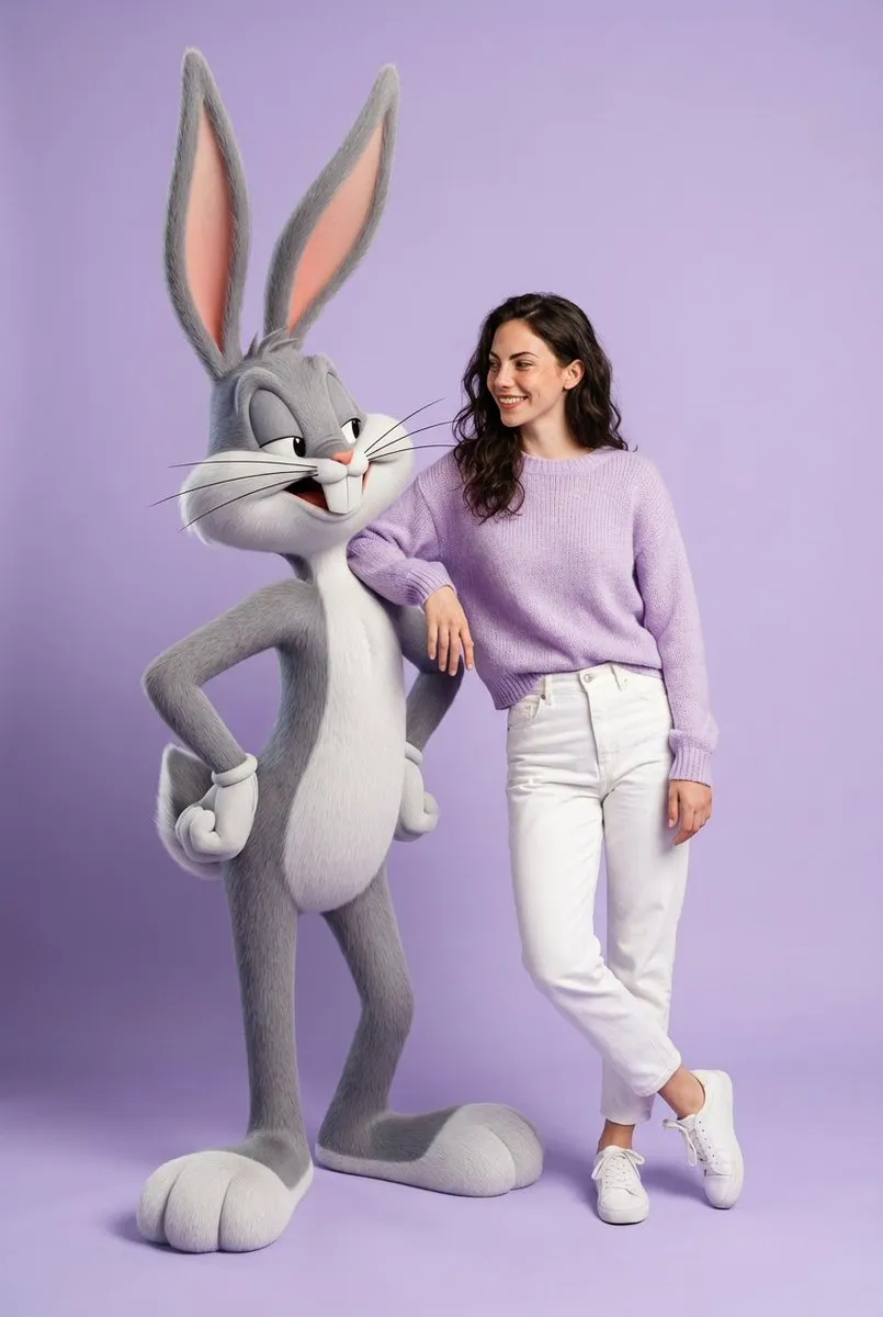 Пример JSON-промпта для модного портрета рядом с гигантской фигурой Bugs Bunny. · пример 3
