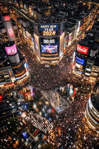 Пример источника для промпта о новогодней ночи на перекрёстке Shibuya Scramble Crossing.