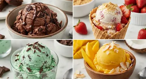 Сетка 2×2 с четырьмя вкусами мороженого и разными добавками.