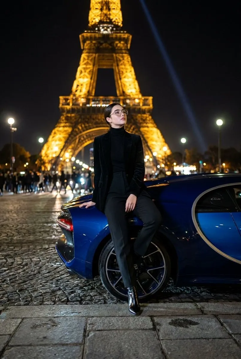 Женщина в чёрном бархатном костюме стоит у синего Bugatti на Трокадеро.