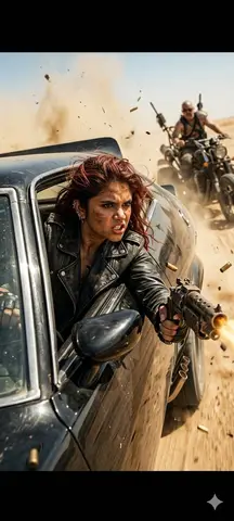 Промпт для экшен-сцены погони по пустыне в духе Mad Max.