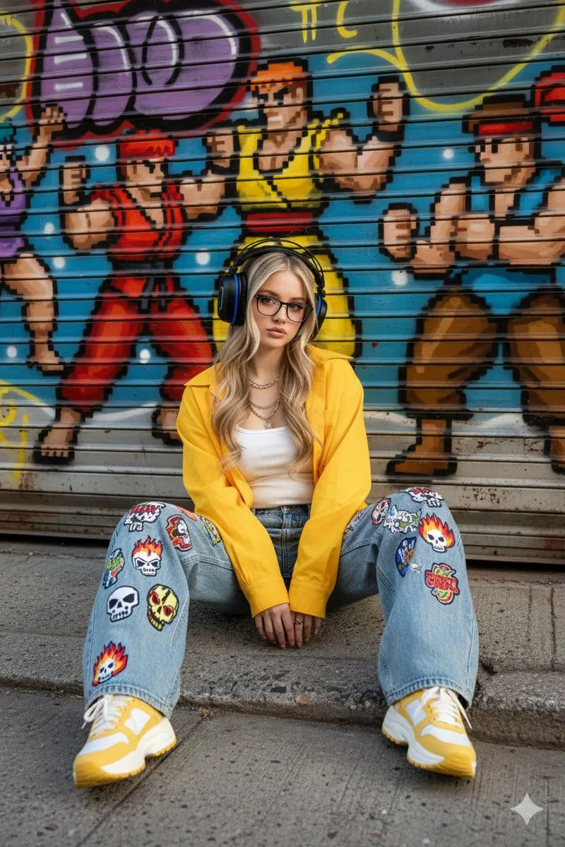 Промпт для портрета женщины в уличной одежде на фоне ретро-граффити.